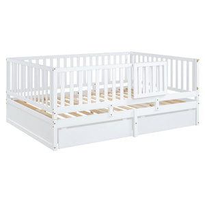 Daybed With Fence Guardrails And 2 Drawers, Split Into Independent Floor Bed & Daybed