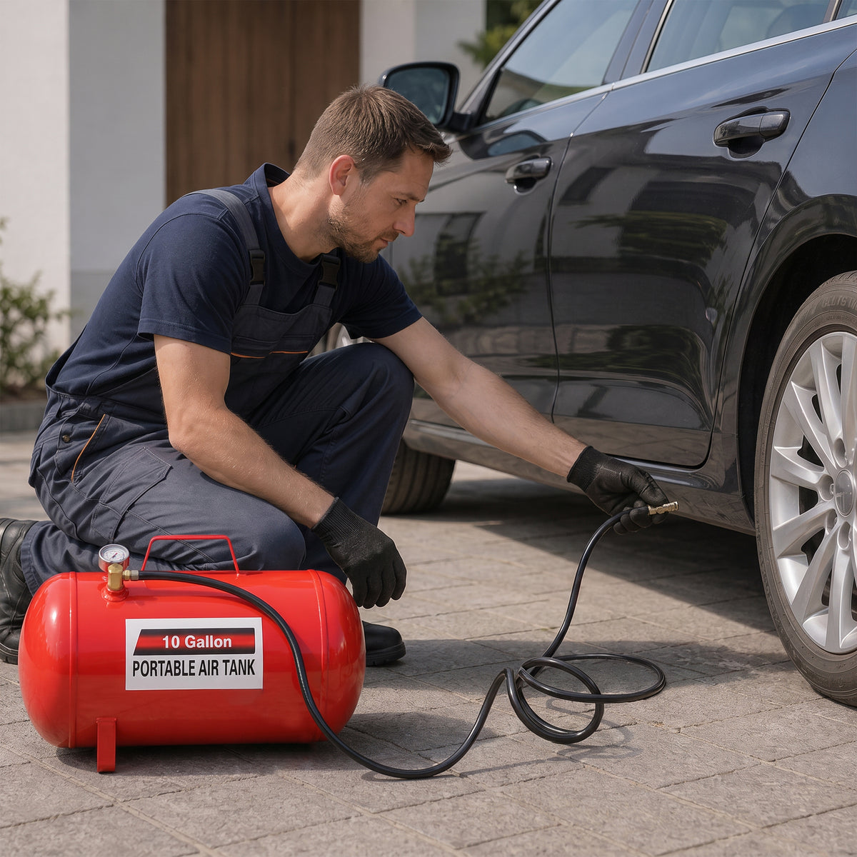 Portable 10 Gallon Air Tank with Pressure Gauge and 43" Hose - Metal
