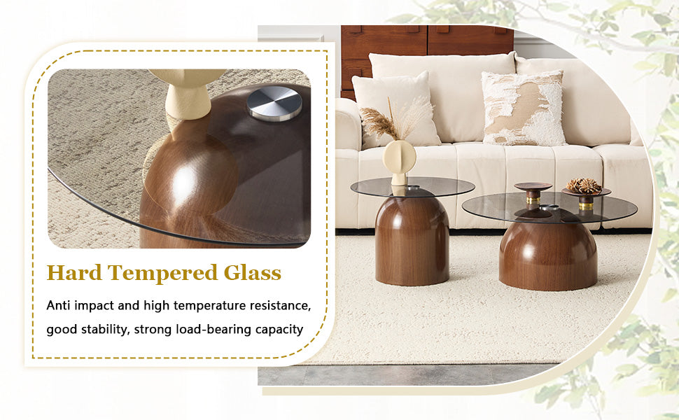 Nesting Coffee Table Set of 2 with Glass Desktop in Walnut
