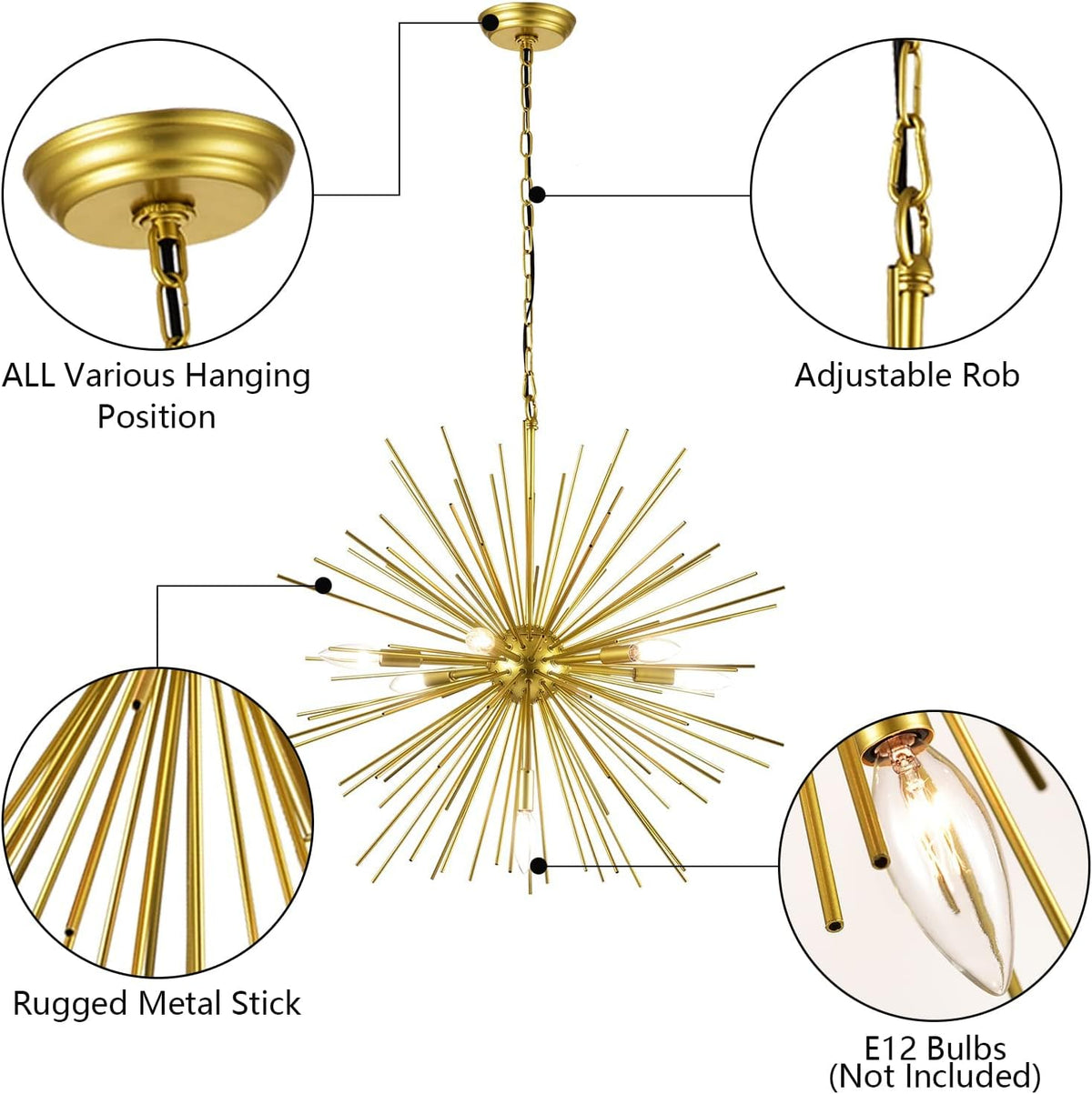 Gold Sputnik Chandelier, 7-Light Mid-Century Modern Starburst, 25.6 Inch