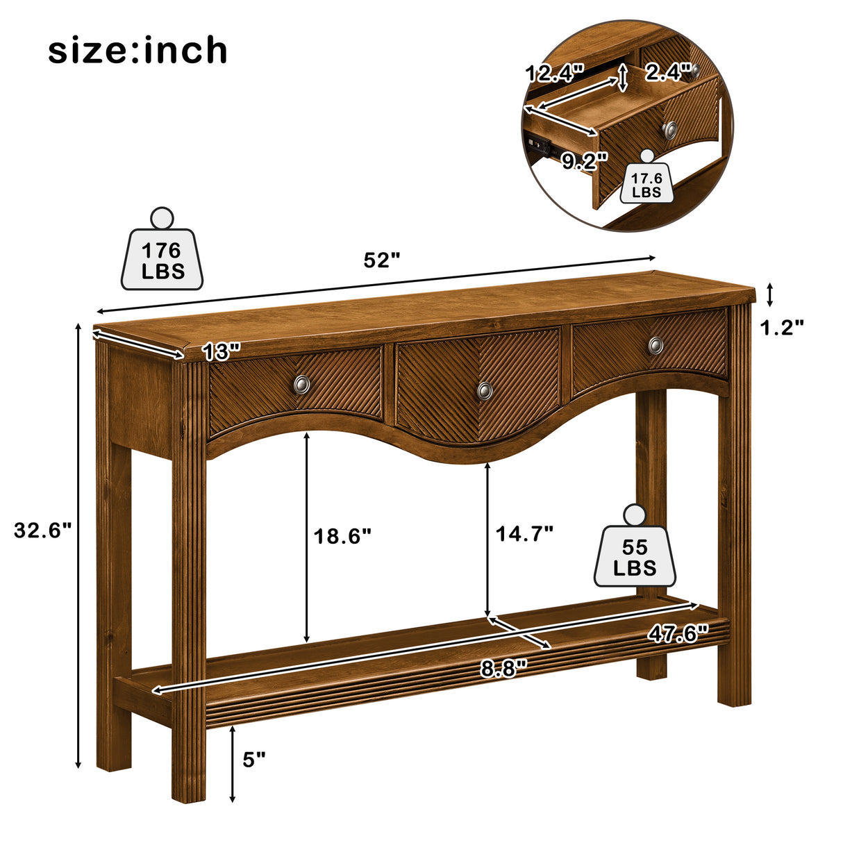 52'' Fluted Wood Console Table with 3 Drawers