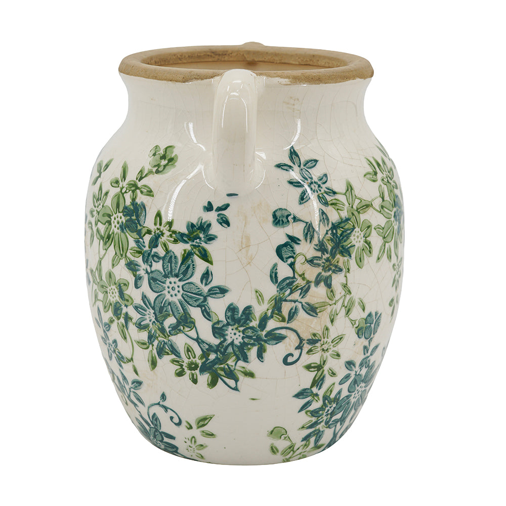 Floral Twin-Handle Ceramic Vase, 7.5 x 6.3 x 7.7 Inches