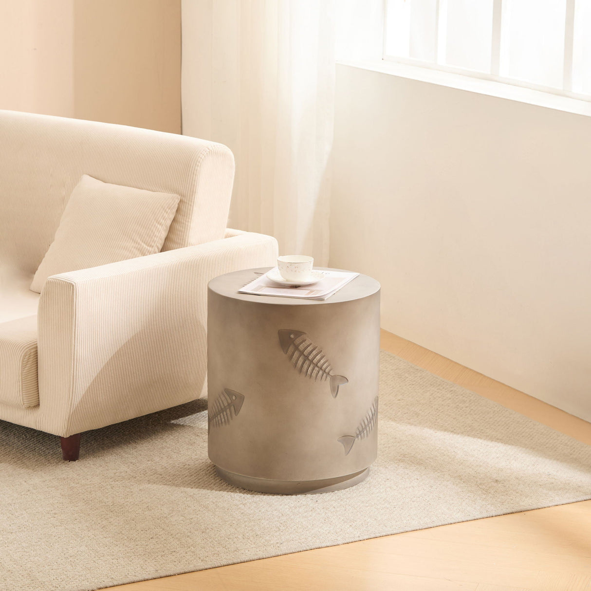 Rustic Magnesium Oxide Side Table With Fish Pattern Design - Gray - Best Buy Furniture