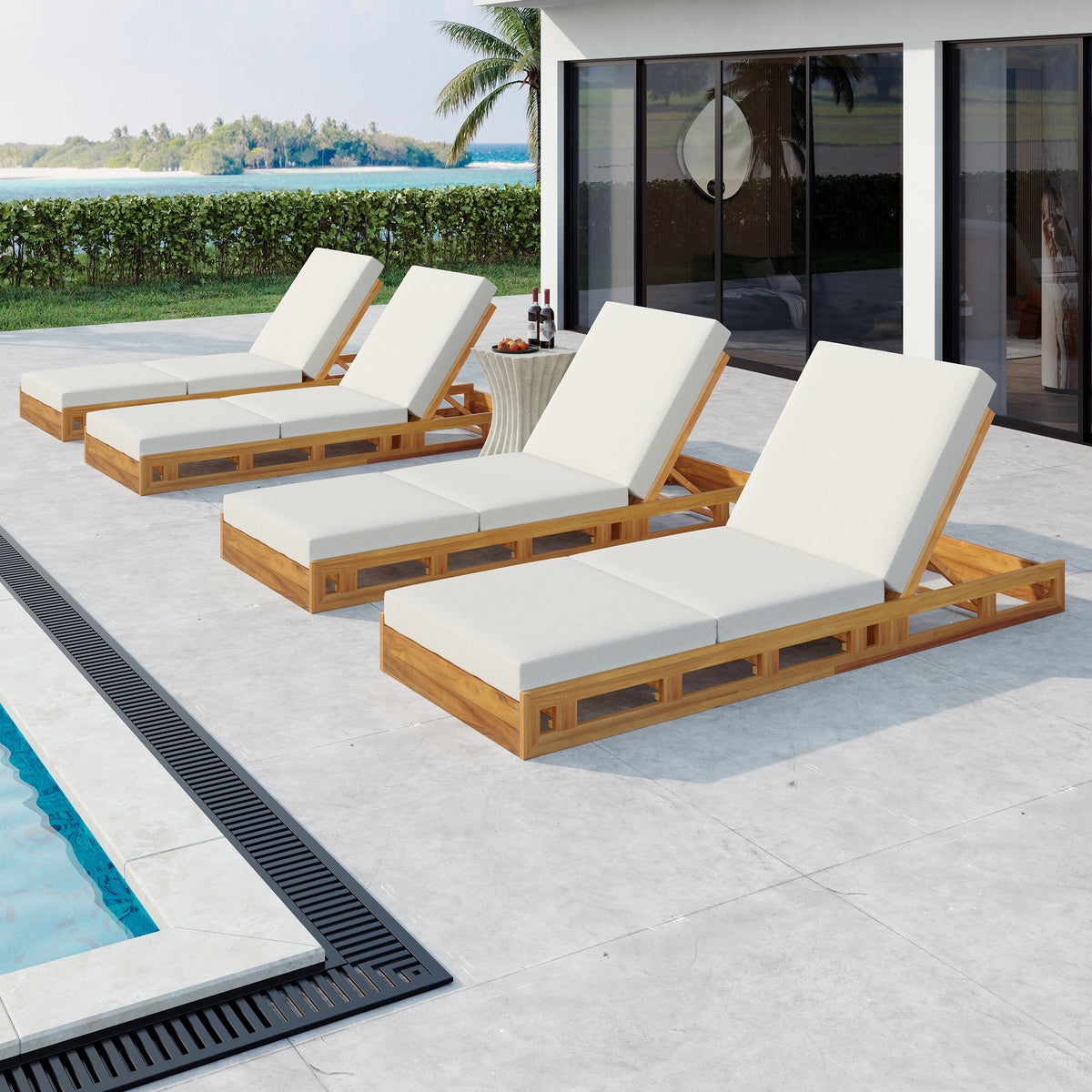 Lounge Chaise Set, Acacia Solid Wood with Lounge Cushion (Cream & Triple Fold) - Matching Dark