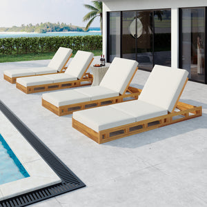 Lounge Chaise Set, Acacia Solid Wood with Lounge Cushion (Cream & Triple Fold) - Matching Dark