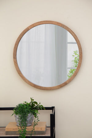 Circle Wall Mirror With Wooden Frame for Living Room