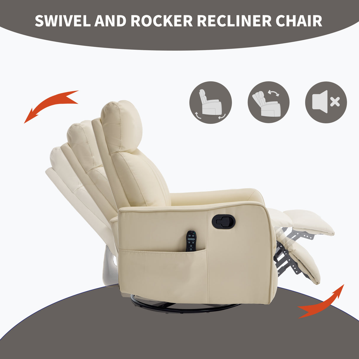 Beige Heat Massage Manual Recliner Chair with Rocker and Swivel