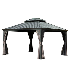 10' x 12' Hardtop Gazebo Outdoor Metal Gazebo with Galvanized Steel Double Roof Canopy, Aluminum Frame, Curtains and