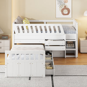 Loft Platform Bed With 7 Drawers And Full Guardrails, Modern L Shaped Space Savin