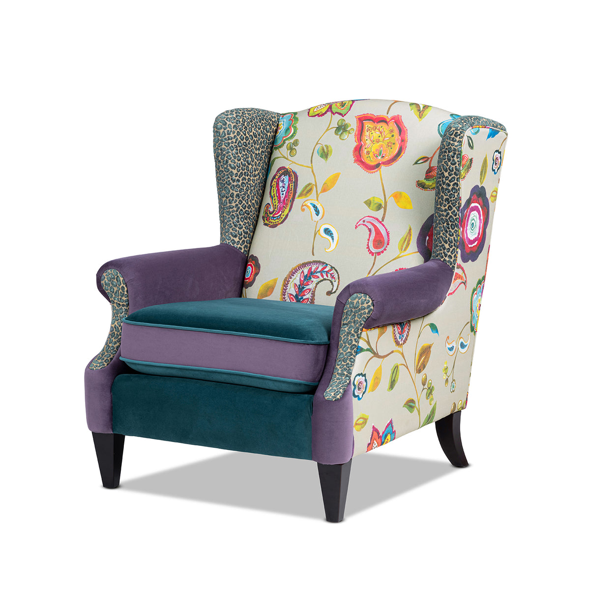 Anya Boho Chic Wingback Accent Chair, Floral & Leopard Print, Teal Multi