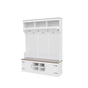 Hall Tree With Bench And Shoe Storage, 5 In 1 Entryway Organizer Cabinet With Coat Rack, 4 Shoe Cubbies & 7 Hooks - White
