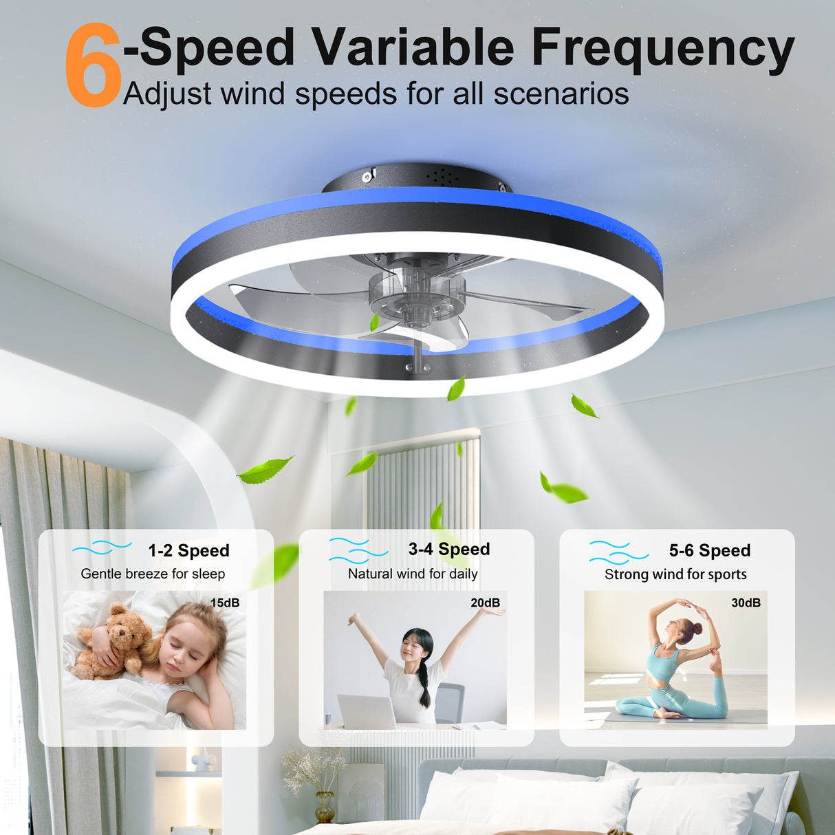 19.7" RGB Flush Mount Ceiling Fan with Light for Bedroom