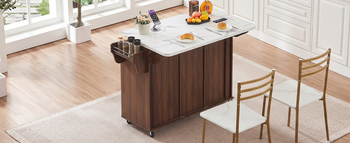 K&K 53.6" Kitchen Island with Drop Leaf, Rolling Cart, Power Outlet, Walnut Brown