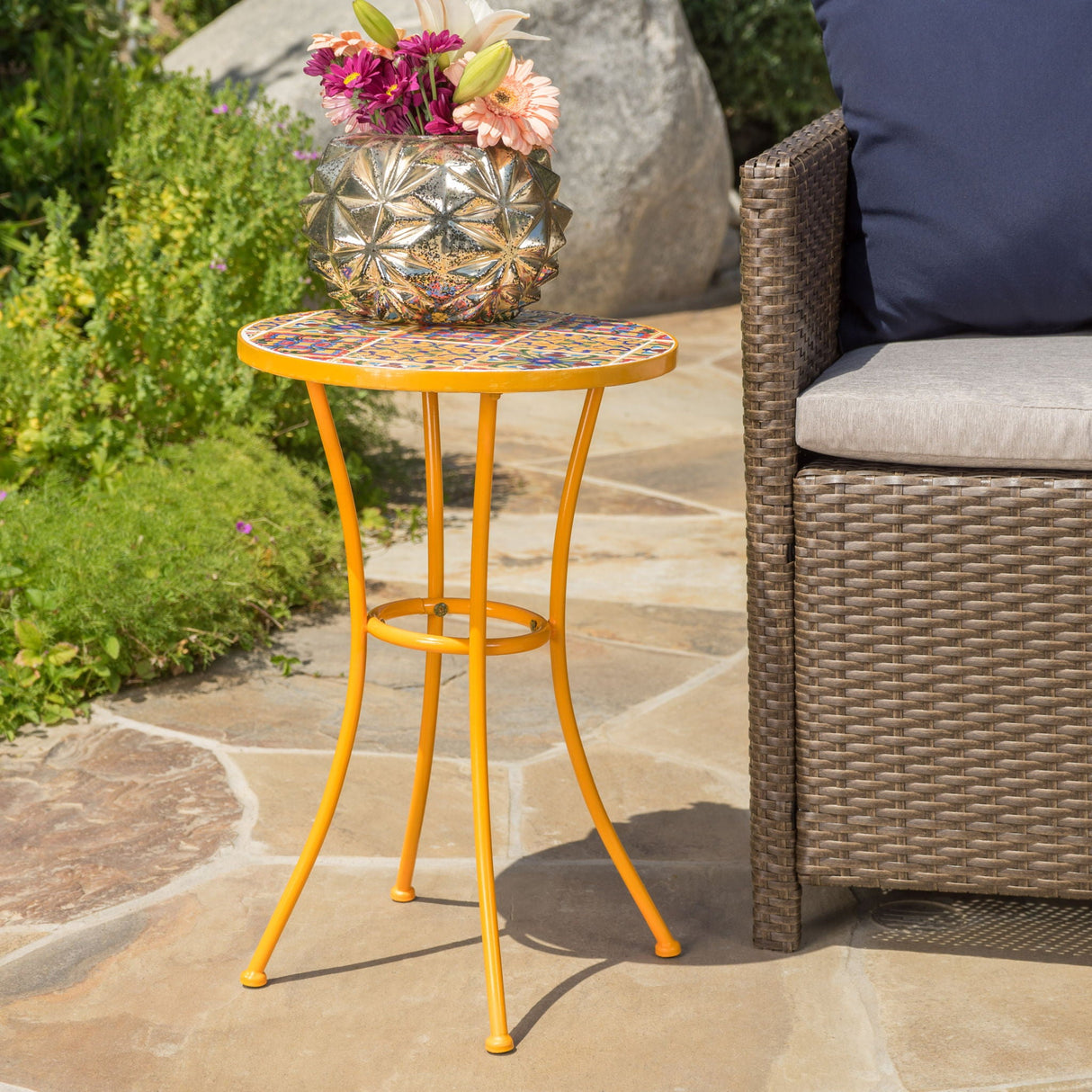 Outdoor Side Table With Tile Mosaic Table Top - Yellow - Best Buy Furniture