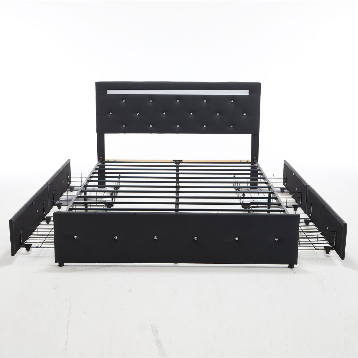 Upholstered Bed Frame With LED Lights, 4 Storage Drawers, Charging Station