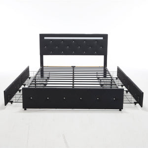Upholstered Bed Frame With LED Lights, 4 Storage Drawers, Charging Station