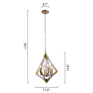 4-Light White and Gold Geometric Pendant with Metal Caged Frame