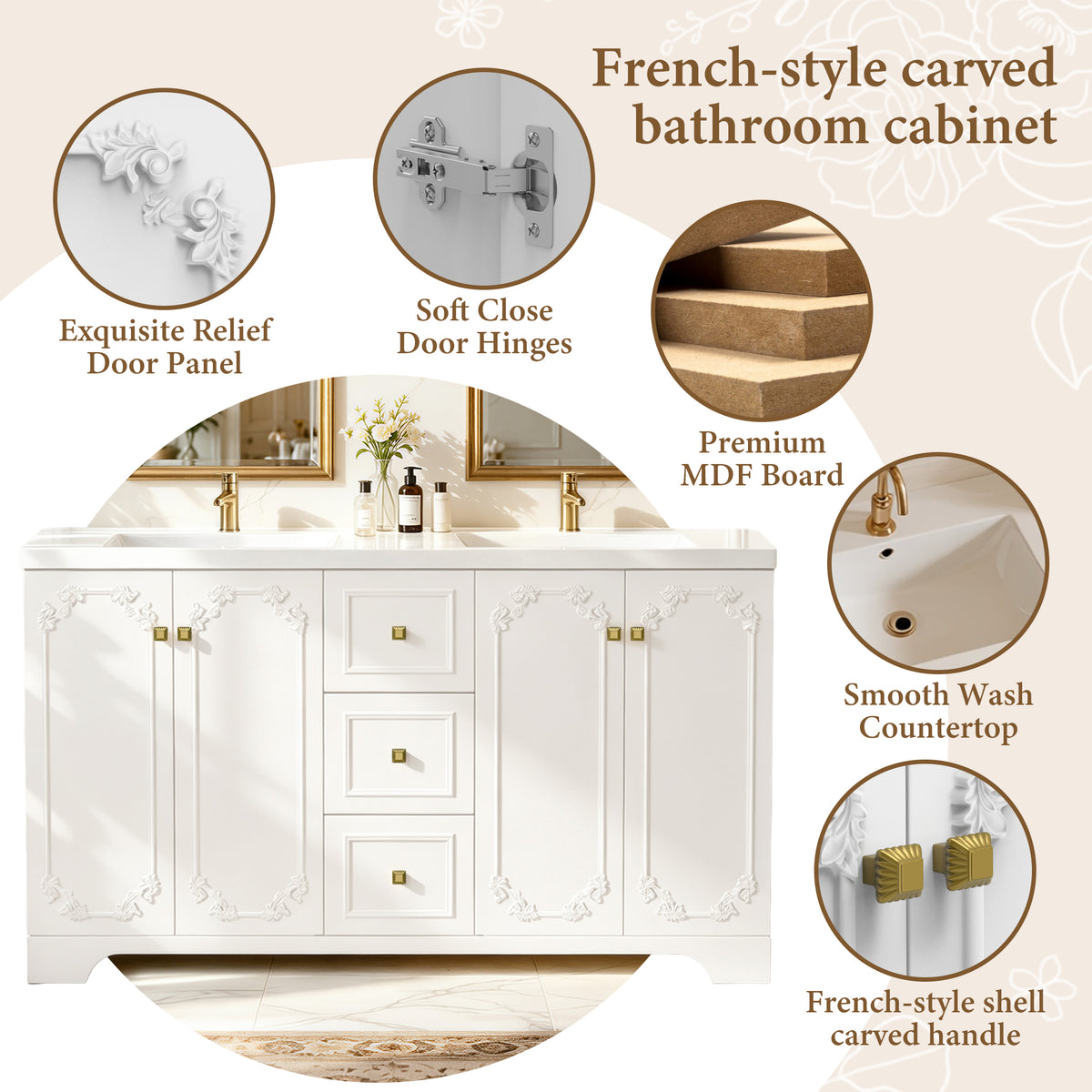 60" White French Bathroom Vanity