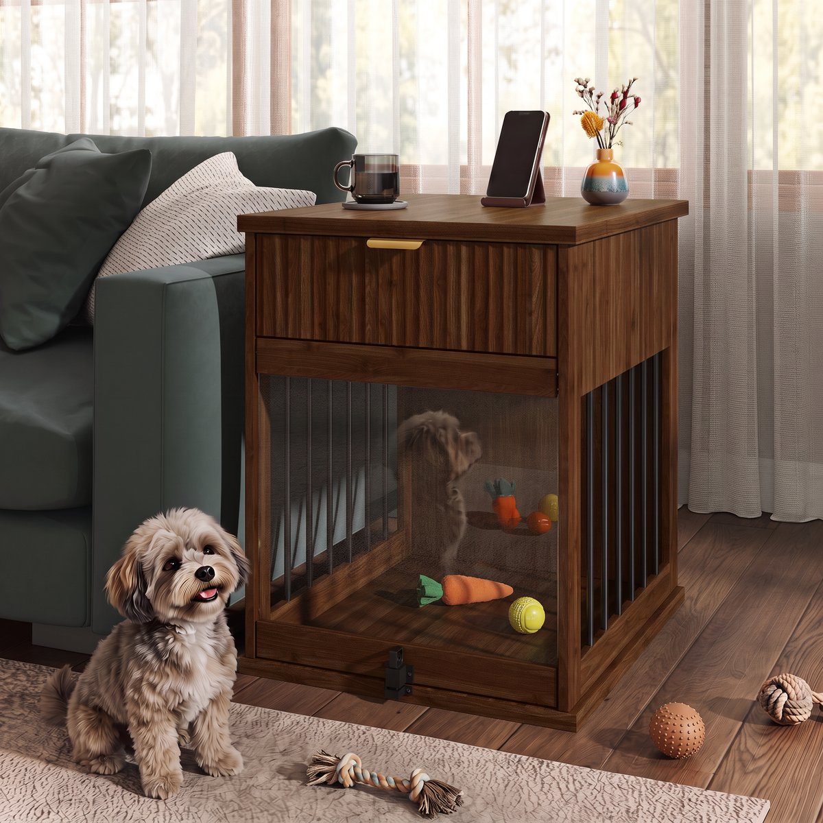 Dog Crate End Table with Charging Station and Storage