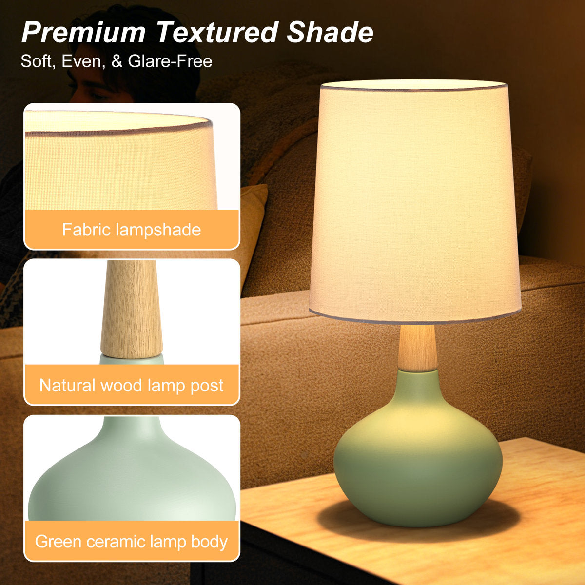 Ceramic and Wood Table Lamp, 14 Inches, Set of 2, Green