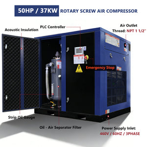 50HP Rotary Screw Air Compressor, 219CFM, 125PSI, 460V 3-Phase
