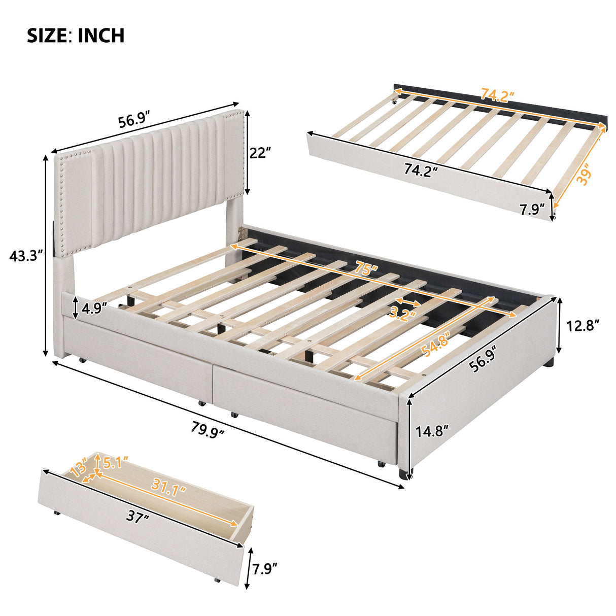Upholstered Platform Bed With Drawers, Classic Headboard Design