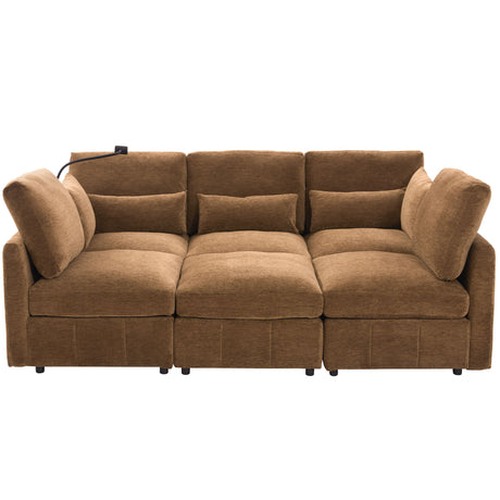 Modern Modular U-Shaped Sofa Bed With Movable Ottoman, USB Ports, Phone Holder