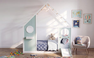 Twin House Bed with Slide, Ball Light Strip, Wooden Playhouse Design