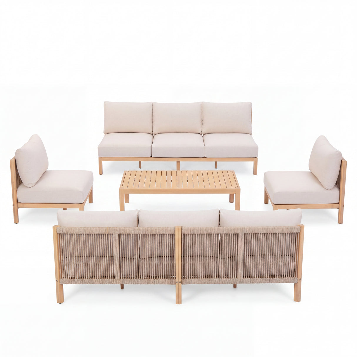 5 Piece Acacia Wood Outdoor Sofa Set with Rope-Woven Chairs