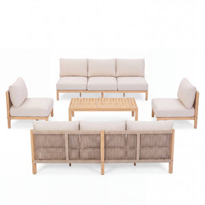 5 Piece Acacia Wood Outdoor Sofa Set with Rope-Woven Chairs