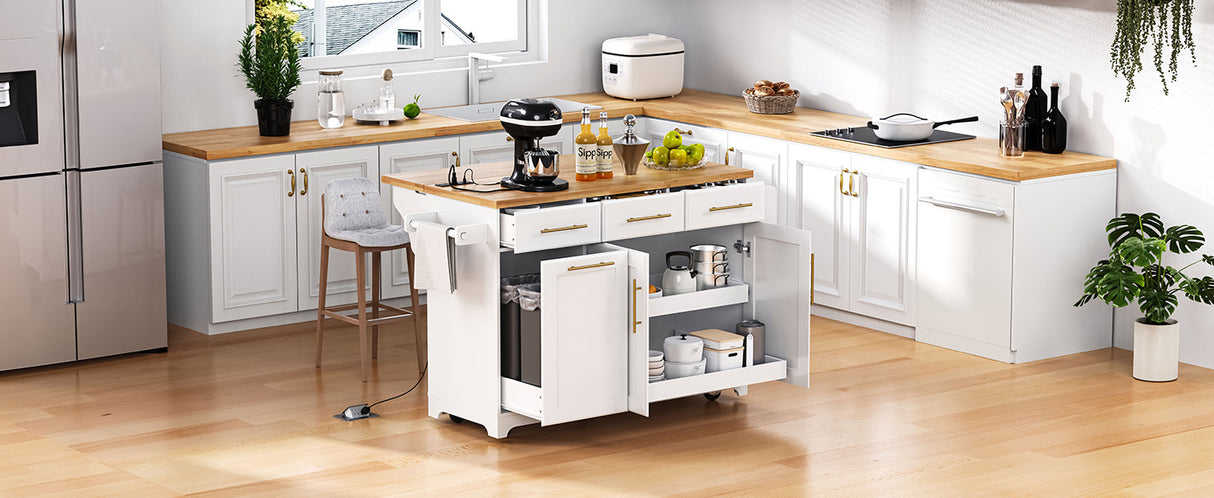 K&K 59.3" Kitchen Island with Storage & Rolling Cart