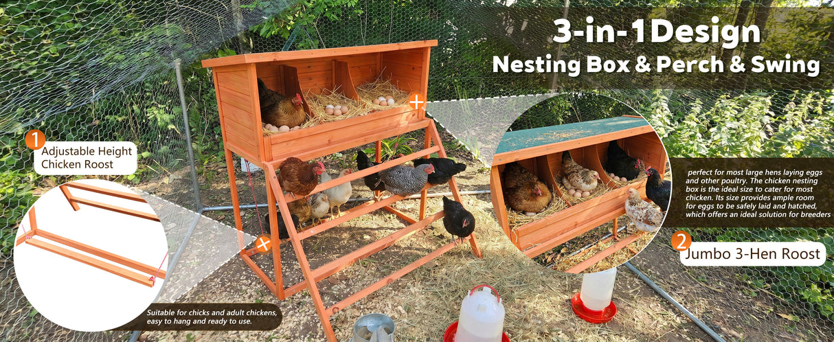 3-in-1 Nesting Boxes for Chickens with Perch and Swing