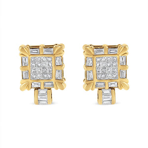 14K Yellow Gold 7/8 Cttw Princess and Baguette-Cut Diamond Square Framed Huggie Hoop Omega Earrings (H-I Color, SI1-SI2 Clarity)