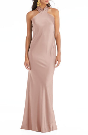 LOVELY Imogen Twist Halter Charmeuse Trumpet Gown in Toasted Sugar, Size Small