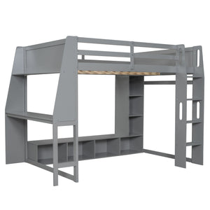 Gaming Loft Bed With Desk, Multi Storage Shelves, LED Lighting, And Hanging Clothes Rack