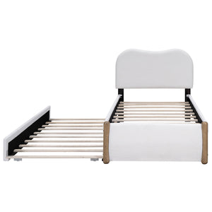 Upholstered Platform Bed With Wood Supporting Feet And Trundle