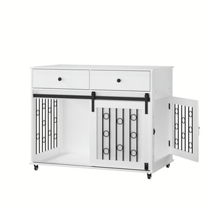 Dog Crate Furniture With Double Drawers And Sliding Barn Door, Pet Kennel For Small To Medium Dogs - White
