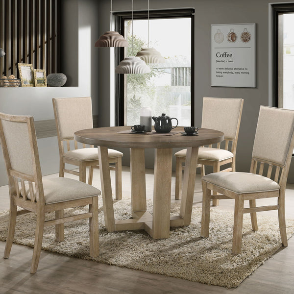 Brutus - 5 Piece Wide Round Dining Table With Wheat Colored Chairs (Set of 5) - Vintage Walnut