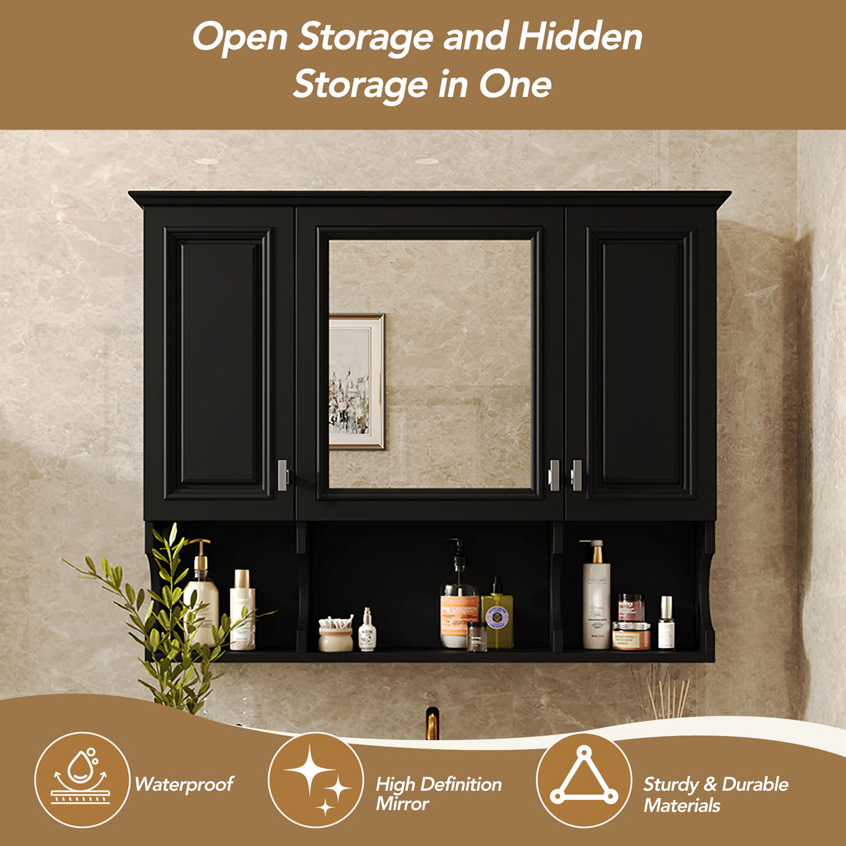 Wall Mounted Bathroom Medicine Wall Cabinet With Mirror & Open Shelves