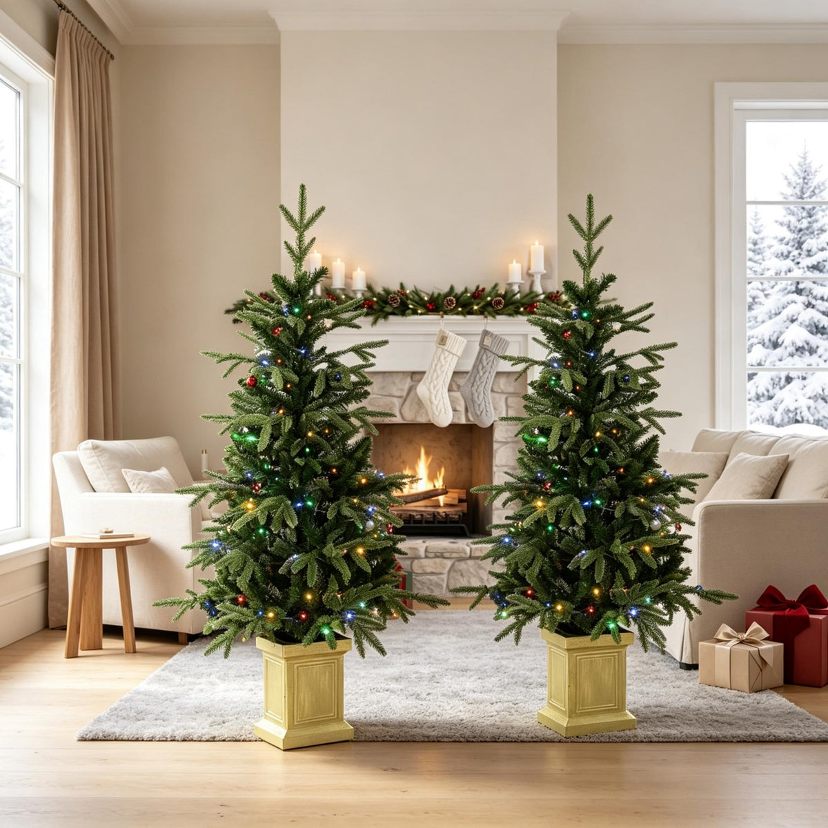 Set of 2, 4 ft Pre-Lit Aspen Fir Artificial Christmas Trees