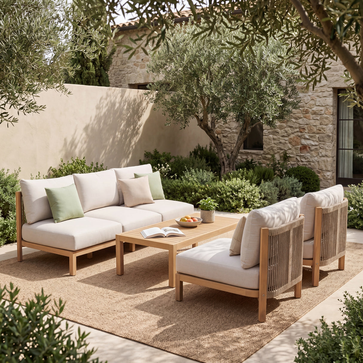 4 Piece Acacia Wood Outdoor Sofa Set with Rope-Woven Chairs