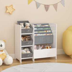 Bookshelf And Toy Storage Organizer, Multifunctional 4 Tier With 3 Collapsible Drawers - White