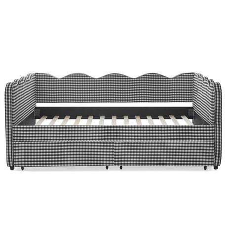 Gingham Daybed With USB Charging Port, Wave-Shaped Design