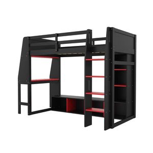 Gaming Loft Bed With Desk, Multi Storage Shelves, LED Lighting, And Hanging Clothes Rack