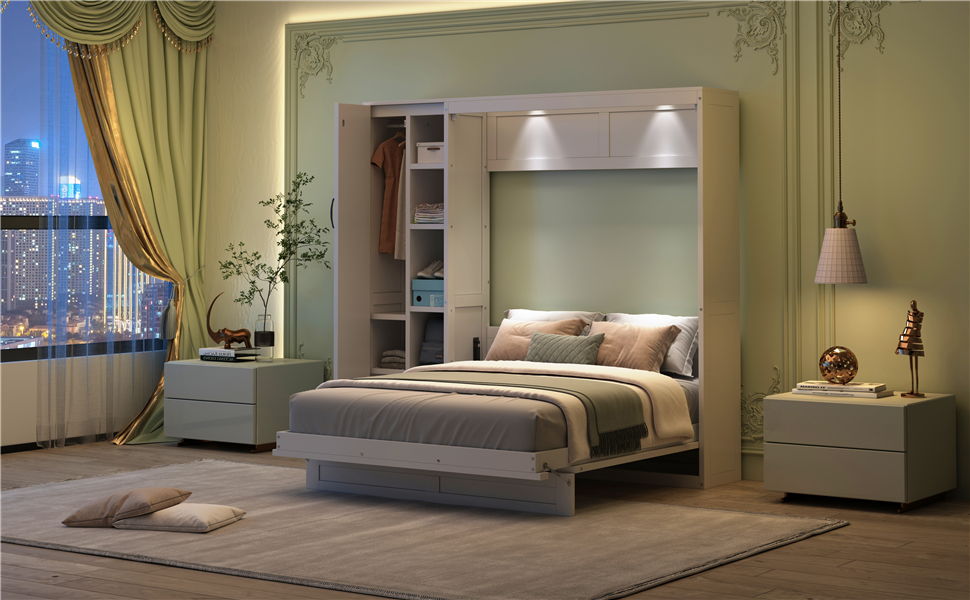 Murphy Wall Bed With Shelves, Wardrobe And LED Lights