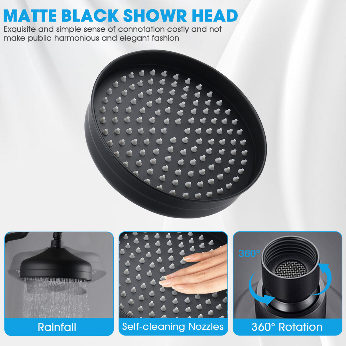 8-Inch Complete Rain Shower Combo System, Matte Black