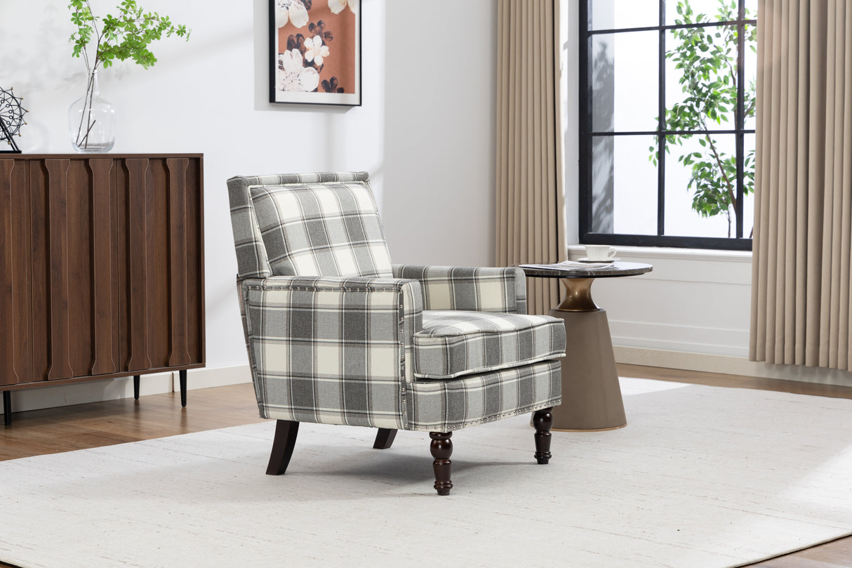 Upholstered Accent Chair, Vintage Armchair with Solid Wood Legs