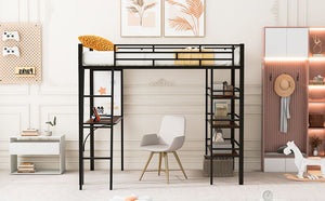Loft Metal Bed With 3 Layers Of Shelves And Desk, Stylish Metal Frame Bed With board