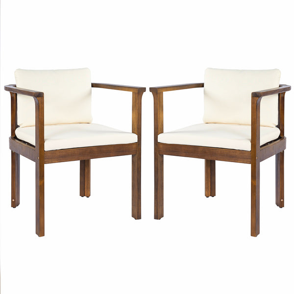 Outdoor Dining Chair Set of 2 with Curved Acacia Wood Arms, Brown Finish and Cream Cushions
