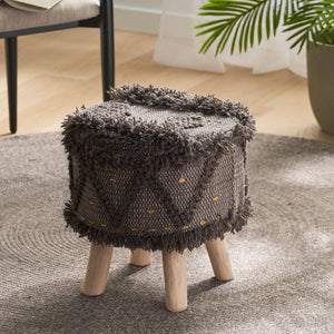 Roja - Handcrafted Wool & Cotton Foot Stool With Eucalyptus Wood Frame - Dark Brown - Best Buy Furniture